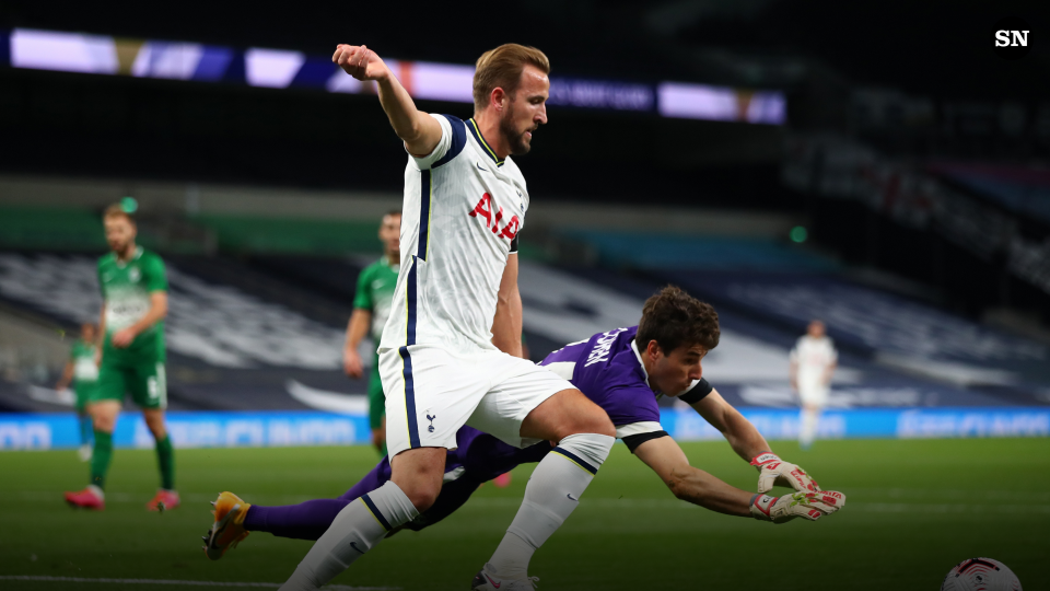 Josh Cohen of Maccabi Haifa and Harry Kane of Tottenham